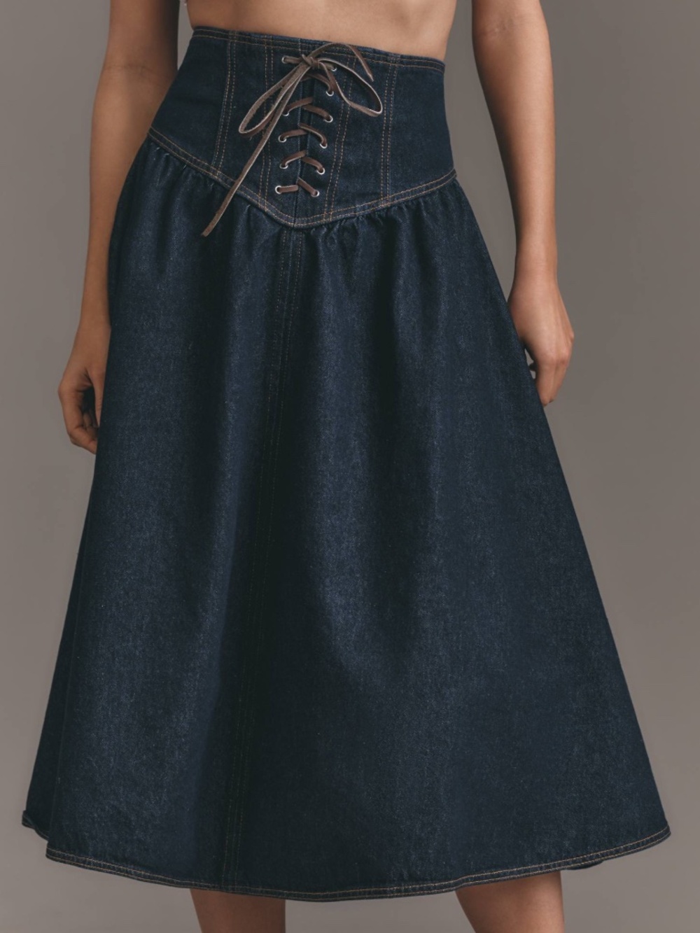 Anthropologie Pilcro Lace-Up Drop-Waist Denim Midi Skirt